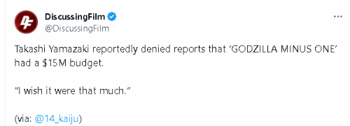 导演反驳《哥斯拉-1.0》预算1500万刀:我希望有这么多