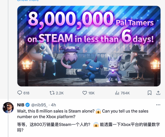 《幻兽帕鲁》Steam销量破800万 网友好奇Xbox销量