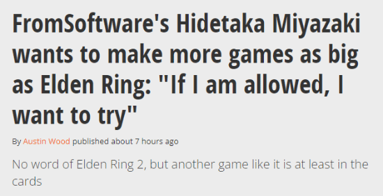 宫崎英高：希望制作更多《艾尔登法环》这种大型游戏